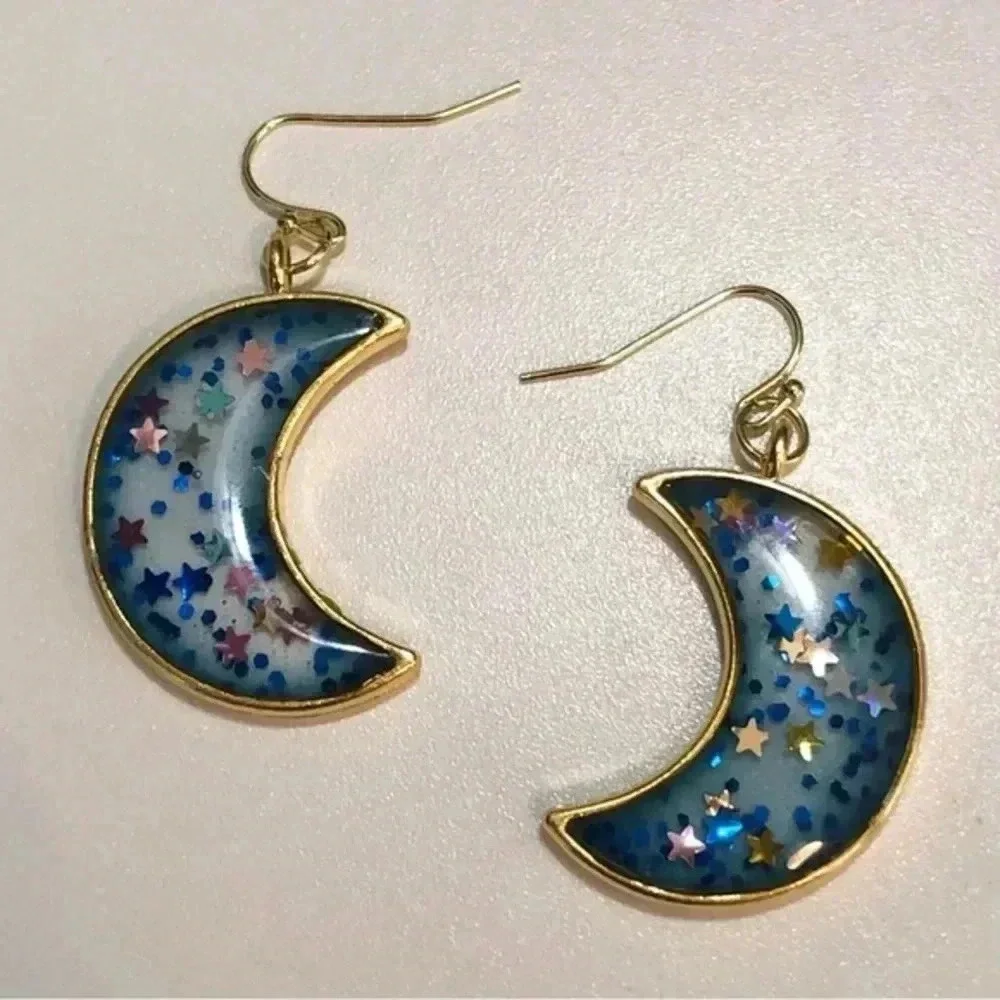 Moon Blue Stars Handmade Resin Glitter Gold Tone Earrings New NWT